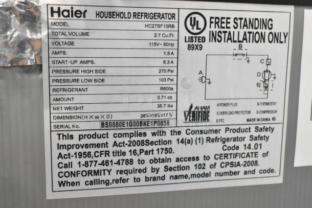 Haier HC27SF10RB Mini Cooler. 115 Volts, 1 Phase. - Image 4 of 5