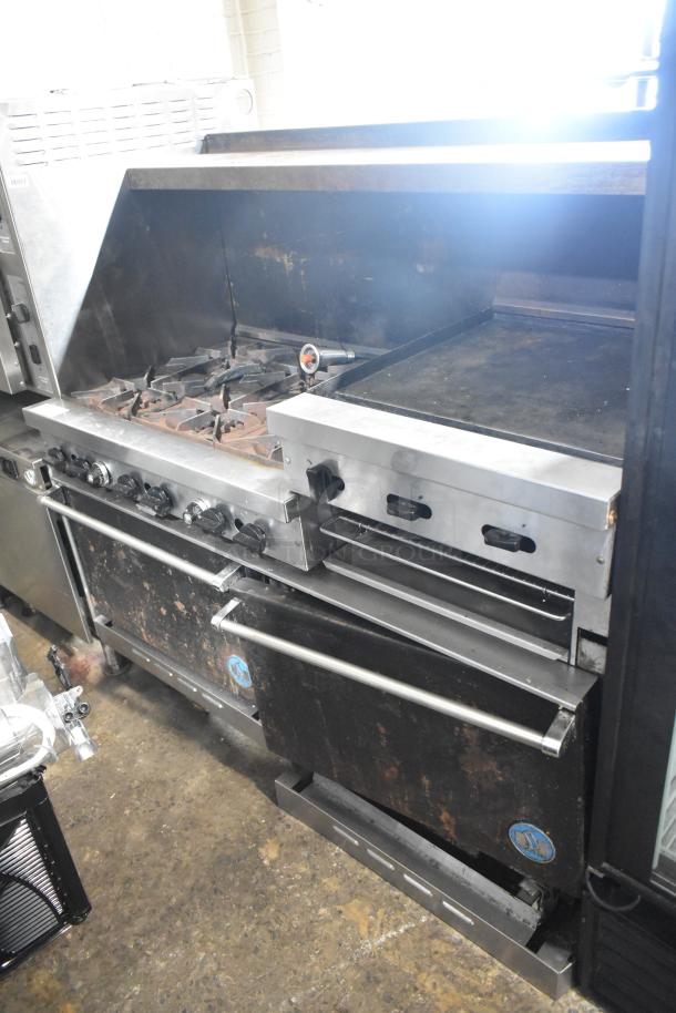 US Range Metal Commercial Natural Gas Powered 6 Burner Range w/ Flat Top Griddle, 2 Ovens, Over Shelf and Back Splash. - Image 1 of 12