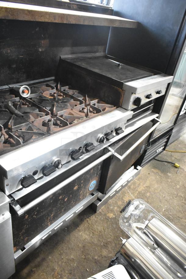 US Range Metal Commercial Natural Gas Powered 6 Burner Range w/ Flat Top Griddle, 2 Ovens, Over Shelf and Back Splash. - Image 2 of 12