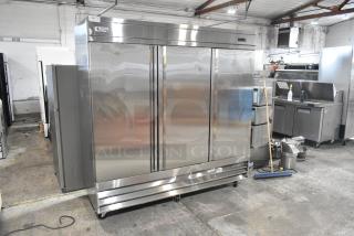 BRAND NEW SCRATCH AND DENT! 2025 Avantco 178SS3FHC Stainless Steel Commercial 3 Door Reach In Cooler on Commercial Casters. 115 Volts, 1 Phase. - Item #1193389