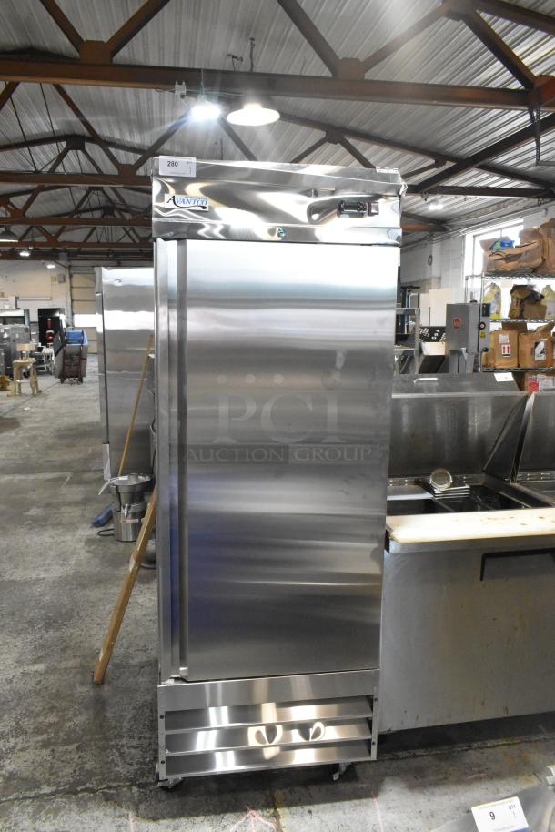 BRAND NEW SCRATCH AND DENT! 2024 Avantco 178SS1RHC Stainless Steel Commercial Single Door Reach In Cooler on Commercial Casters. 115 Volts, 1 Phase. - Image 1 of 8