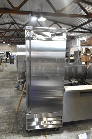 BRAND NEW SCRATCH AND DENT! 2024 Avantco 178SS1RHC Stainless Steel Commercial Single Door Reach In Cooler on Commercial Casters. 115 Volts, 1 Phase. - Item #1193390