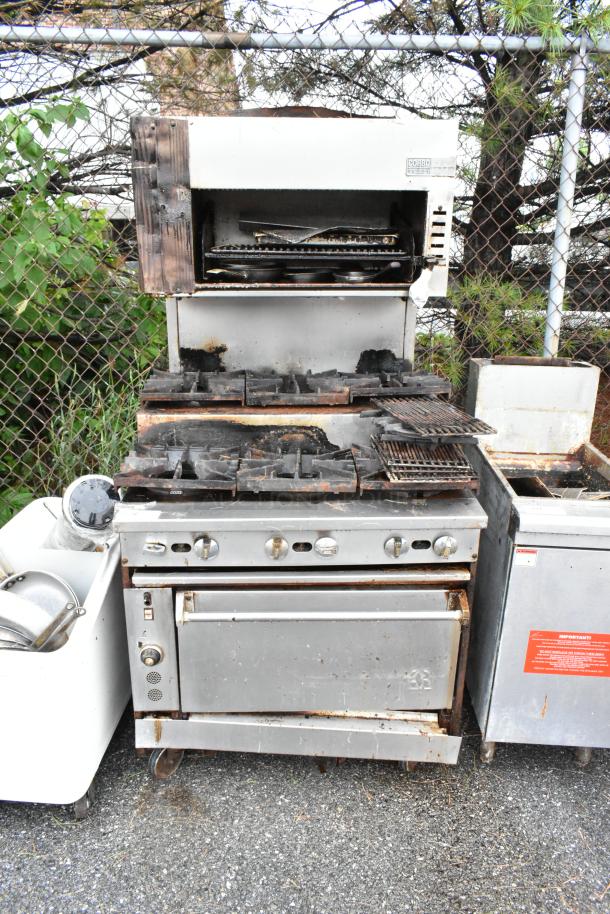 Jade Range Stainless Steel Commercial Natural Gas Powered 6 Burner Range w/ Salamander Cheese Melter and Convection Oven. - Image 1 of 9