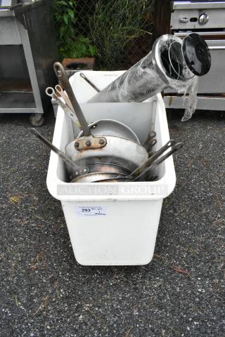 White poly ingredient bin on commercial casters, filled with metal utensils and pans. Visible tag reads "293 11 qty contents."