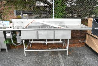 Winholt Stainless Steel Commercial 3 Bay Sink w/ Dual Drain Boards and Insinkerator Garbage Disposal. - Item #1193421