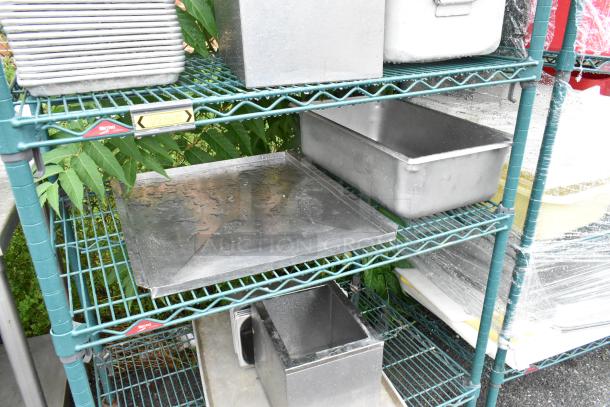Green Finish 5 Tier Wire Shelving Unit w/ Contents Including Metal Baking Pans on Commercial Casters. BUYER MUST DISMANTLE. PCI CANNOT DISMANTLE FOR SHIPPING. PLEASE CONSIDER FREIGHT CHARGES. - Image 3 of 4