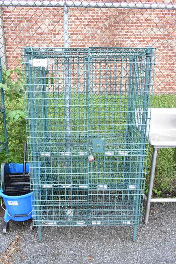 Green Finish 4 Tier Wire Shelving Unit w/ Liquor Cage. BUYER MUST DISMANTLE. PCI CANNOT DISMANTLE FOR SHIPPING. PLEASE CONSIDER FREIGHT CHARGES. - Image 1 of 3