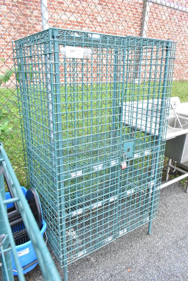 Green Finish 4 Tier Wire Shelving Unit w/ Liquor Cage. BUYER MUST DISMANTLE. PCI CANNOT DISMANTLE FOR SHIPPING. PLEASE CONSIDER FREIGHT CHARGES. - Image 2 of 3
