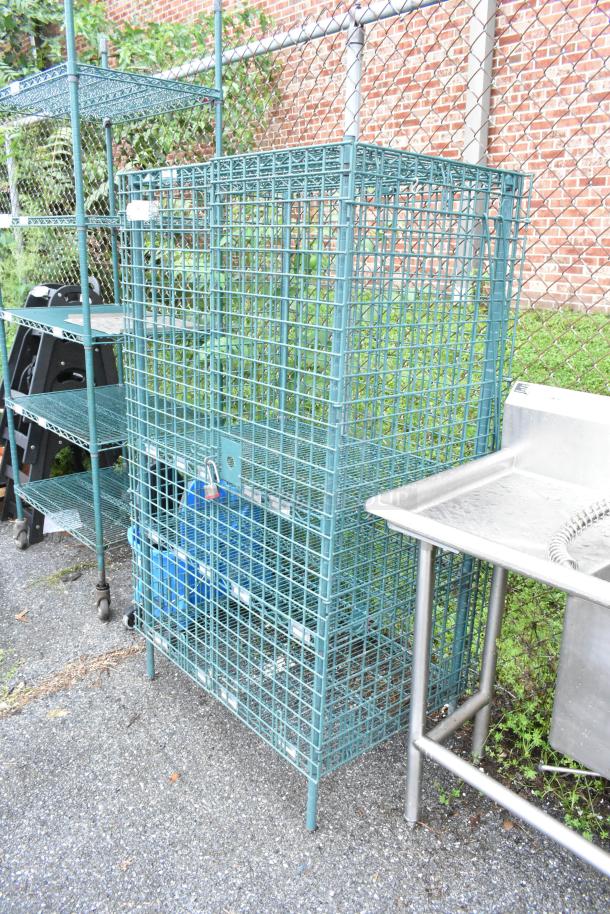 Green Finish 4 Tier Wire Shelving Unit w/ Liquor Cage. BUYER MUST DISMANTLE. PCI CANNOT DISMANTLE FOR SHIPPING. PLEASE CONSIDER FREIGHT CHARGES. - Image 3 of 3