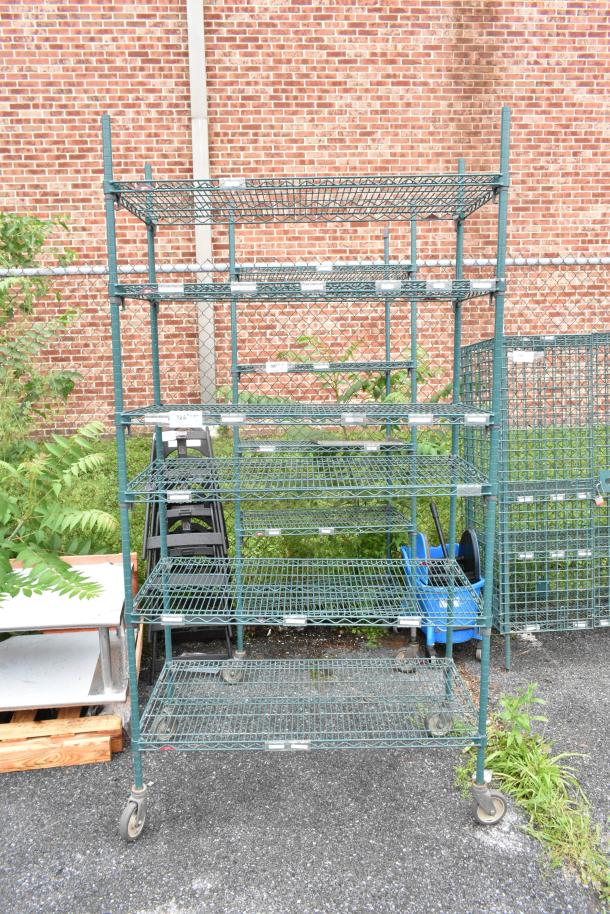 Metro Green Finish 6 Tier Wire Shelving Unit on Commercial Casters. BUYER MUST DISMANTLE. PCI CANNOT DISMANTLE FOR SHIPPING. PLEASE CONSIDER FREIGHT CHARGES. - Image 1 of 4