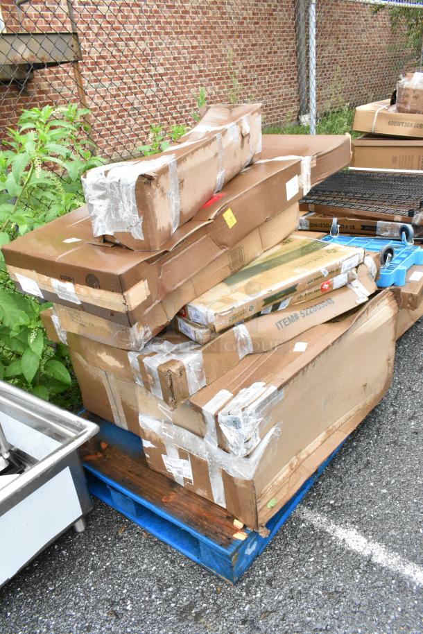 8 BRAND NEW SCRATCH AND DENT! Items Including 2 427SM2828VEN Lancaster Table & Seating Excalibur 28" x 28" Square Table Top with Smooth Versilla Finish, 522SG3048 Steelton 30" x 48" 18-Gauge Stainless Steel Equipment Stand with Undershelf and Galvanized Legs, Vollrath 38064 61 1/4" Buffet Sneeze Guard for Vollrath 4 Well / Pan Hot or Cold Food Tables, 164GS605BBKS Lancaster Table & Seating Black Vinyl Bar Stool Seat, 164CMCAFEYEL CHAIR DINING MTL CAFE CITRINE YELLOW. 8 Times Your Bid! - Image 2 of 8