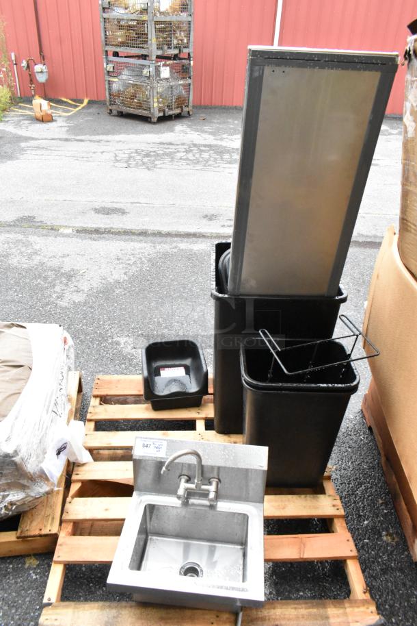 ALL ONE MONEY! Lot of Various Items Including Sink, Black Poly Trash Cans, Booster Seats - Image 1 of 4
