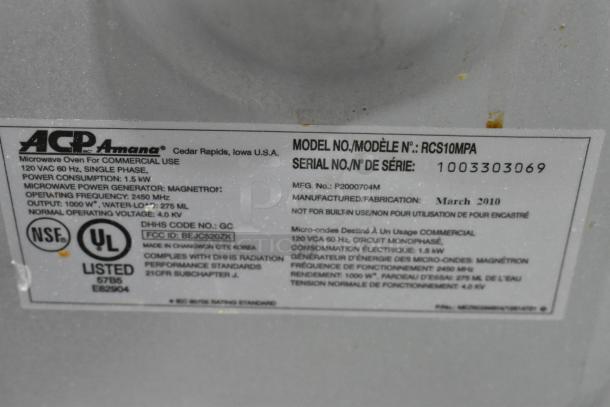 Amana RCS10MPA Metal Countertop Microwave Oven. 120 Volts 1 Phase. - Image 7 of 8