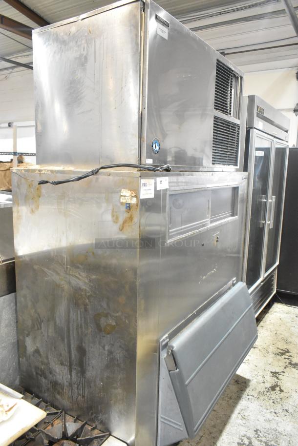 Hoshizaki KM-1300SAF stainless steel ice head on Follett ice bin, 208-230V, 1 Phase. Used condition, visible wear.