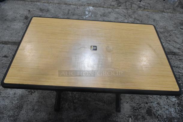 7 dining height tables with metal bases, wooden tops, slight wear, includes SD card for scale.