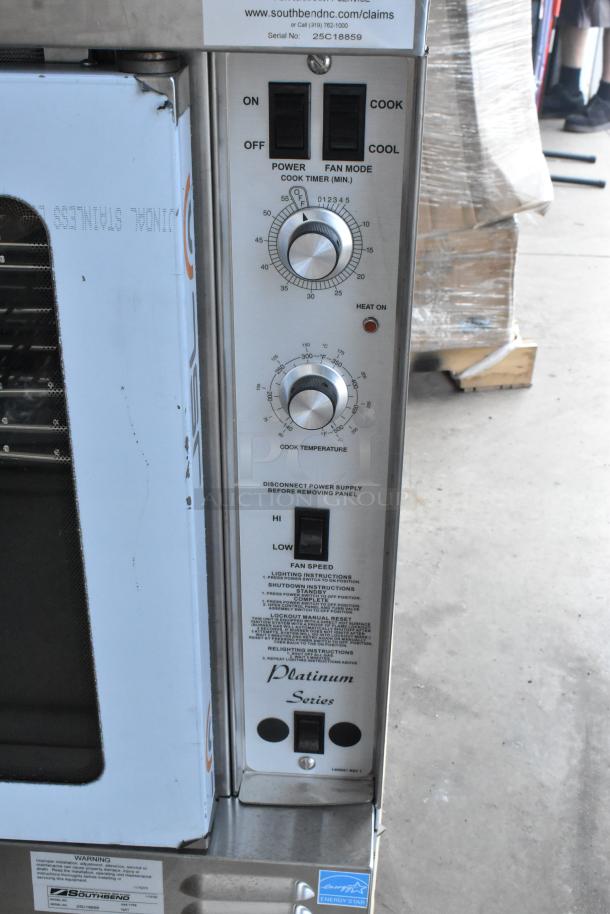 Stainless steel Southbend convection oven with view-through doors, thermostatic controls, and 5 shelves. 50,000 BTU.