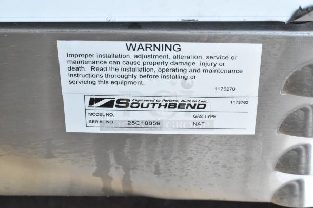 Southbend PCG50S/SD convection oven label shows model 25C18859, natural gas type, and serial number.