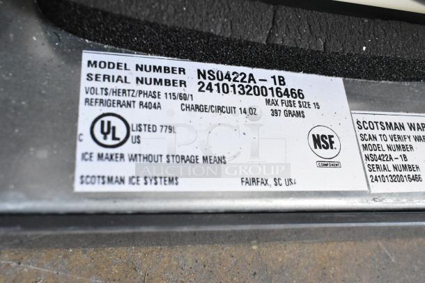 2024 Scotsman NS0422A-1B ice machine label showing model and serial numbers, voltage, and certifications.
