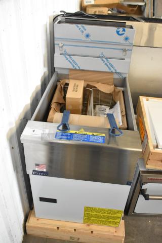 Brand new Pitco Frialator SG18 natural gas fryer, 75 lb capacity, 140,000 BTU, stainless steel, with 2 metal fry baskets.