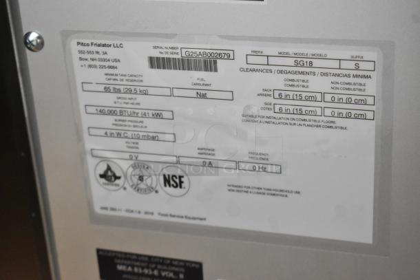 Label on a 2025 Pitco Frialator SG18 natural gas fryer indicating model, serial number, 140,000 BTU, and clearance requirements.