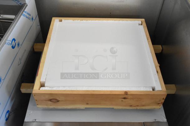 Brand new Blodgett 1415 stainless steel countertop oven, 208V, 3-phase, in original packaging with visible framework for protection.