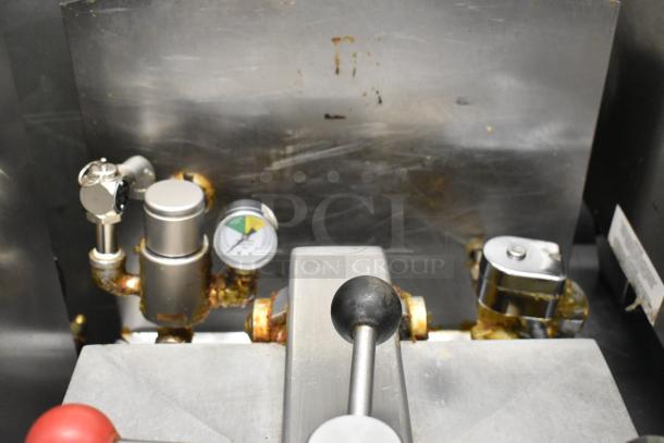 Henny Penny 600 stainless steel pressure fryer, natural gas, commercial casters, control panel view, 80,000 BTU.