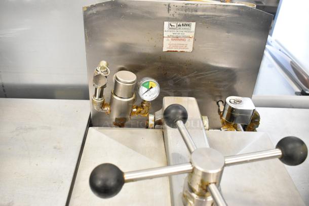 Henny Penny 600 stainless steel gas pressure fryer, commercial casters, 80,000 BTU, visible gauge, warning label.