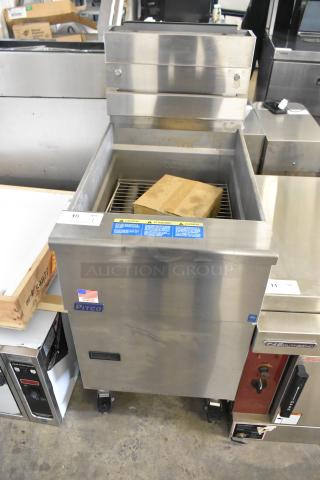 Brand new 2023 Pitco Frialator SG18 stainless steel propane fryer, 140,000 BTU, on commercial casters, with visible labels.