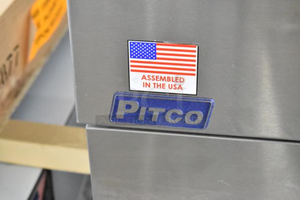 BRAND NEW 2023 Pitco Frialator SG18 fryer, stainless steel, propane gas, 140,000 BTU, on casters. Assembled in the USA label visible.