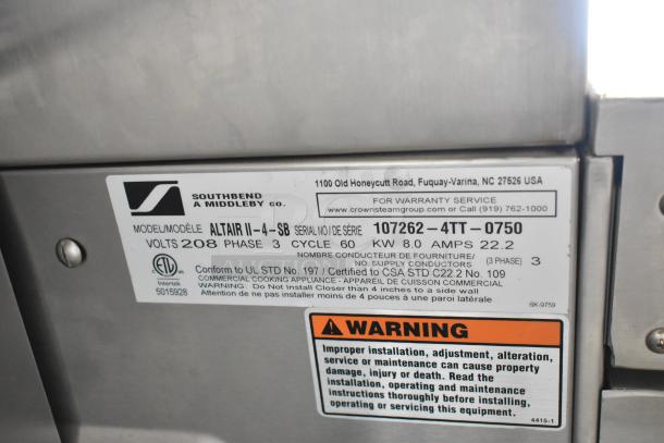 Southbend ALTAIR II-4-SB steam cabinet label, 208V, 3 phase, serial 107262-4TT-0750, commercial use warnings visible.