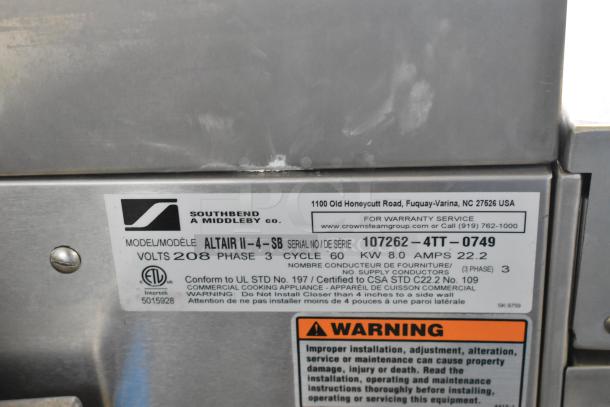 Southbend ALTAIR II-4-SB steam cabinet, stainless steel, electric, 208V, 3-phase. Model and serial labels visible.