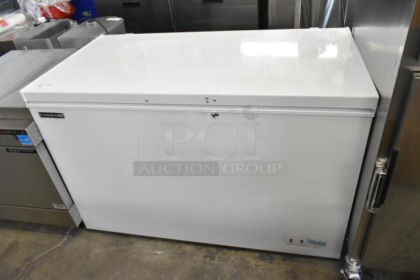 Black Diamond BDCF-13R metal chest freezer with hinge lid. 115 volts, 1 phase, excellent condition, branded label visible.