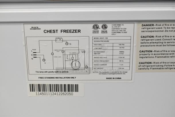 Black Diamond BDCF-13R metal chest freezer label, 115 Volts, 1 Phase, refrigerant R600a, 130 lbs, hinge lid.