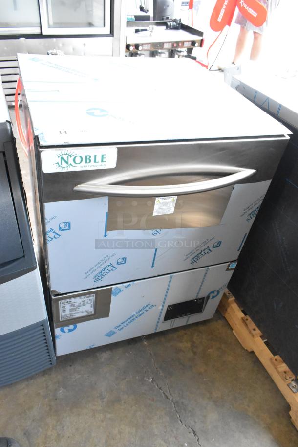 Brand new 2024 Noble Wareforce UH30-E stainless steel commercial dishwasher, energy-efficient, 208/230 volts, minor dents.