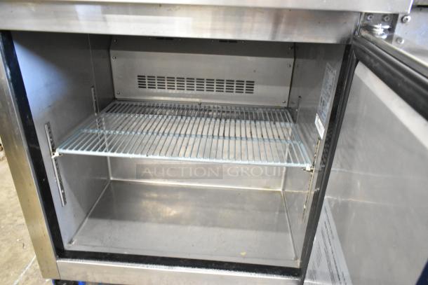 Dukers DUC29R stainless steel undercounter cooler on casters, single door, commercial grade, 115V, 1 Phase. Interior shelf visible.