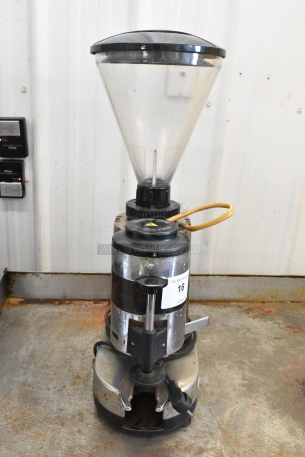 Metal commercial countertop espresso bean grinder, 115 volts, 1 phase, with a clear bean hopper and attached power cord.