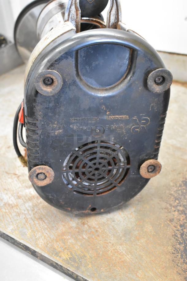 Commercial metal countertop espresso bean grinder, 115 volts, 1 phase, featuring a rugged design with visible rust marks.