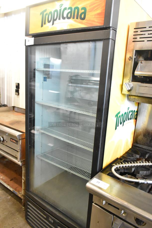 IDW G-26-C334B-HC single door merchandiser with poly coated racks, Tropicana branding, 115 volts, 1 phase.