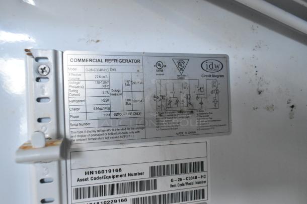 IDW G-26-C334B-HC cooler label with specifications: 22.6 cu.ft., 115V, 1PH, R290 refrigerant. Serial: HN18019168.