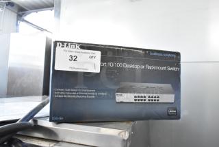 D-Link 16-Port 10/100 Desktop or Rackmount Switch in original box; model DSS-16+; compact design; 3.2Gbps capacity.