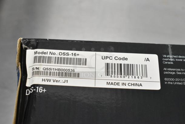 IN ORIGINAL BOX! D-Link DSS-16+ switch box with model, UPC, and serial number labels visible. Made in China.