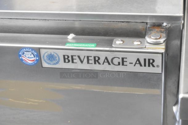Beverage Air UCR48AHC stainless steel 2-door undercounter cooler, commercial casters, 115V, 1 phase, "Made in USA" label.