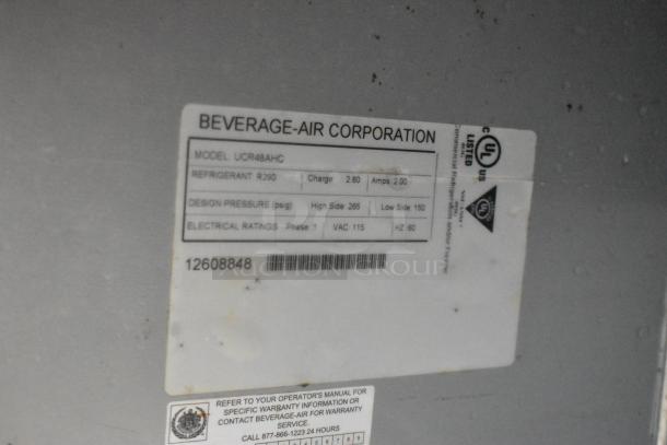 Beverage Air UCR48AHC label showing model, refrigerant R290, 115V, 1 Phase, design pressure specs. Used commercial cooler.
