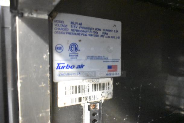 Turbo Air MUR-48 2 Door Stainless Steel Undercounter Cooler. Label shows model, voltage, refrigerant R-134a, and certifications.