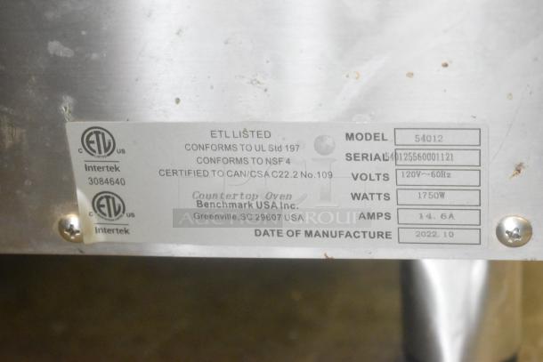 2022 Benchmark USA 54012 Pizza Oven, stainless steel, 120V, 1-phase, 1750W, ETL listed, manufactured October 2022.