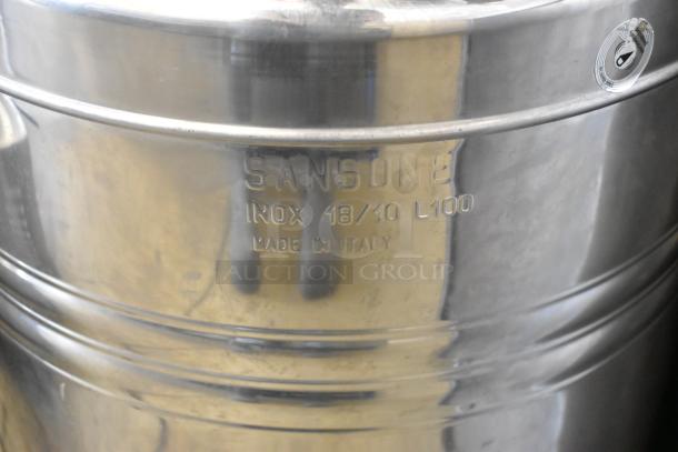 Two Sansone metal urns, INOX 18/10, 100L capacity. Made in Italy. Polished finish, excellent condition.