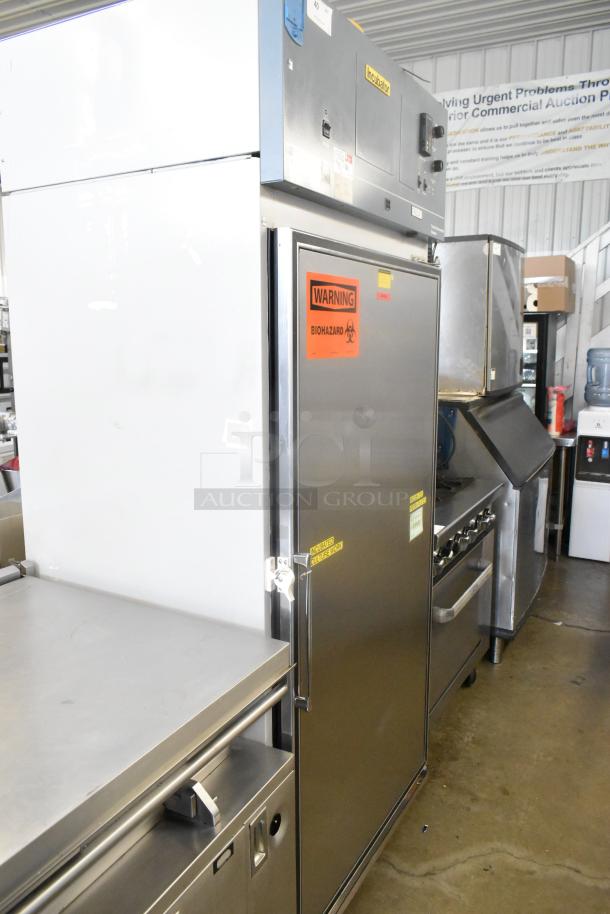 Thermo 3920 Single Door Reach-In Environmental Chamber Incubator, stainless steel, with biohazard warning label, 120V, 1-phase.