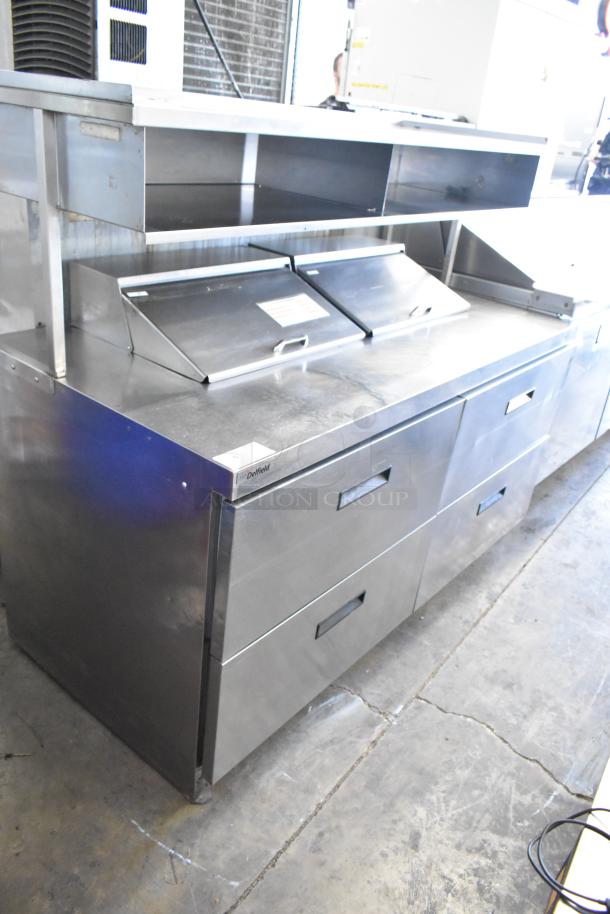 Delfield UCD4464N-12-DD5 stainless steel prep table, 4 drawers, over shelf, 115V, commercial grade.
