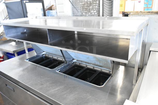 Delfield UCD4464N-12-DD5 stainless steel prep table with mega top, 4 drawers, over shelf, bain marie, commercial use.