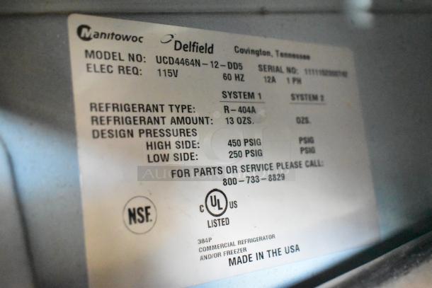 Label of Delfield UCD4464N-12-DD5 prep table; 115V, NSF certified, R-404A refrigerant, Made in USA.